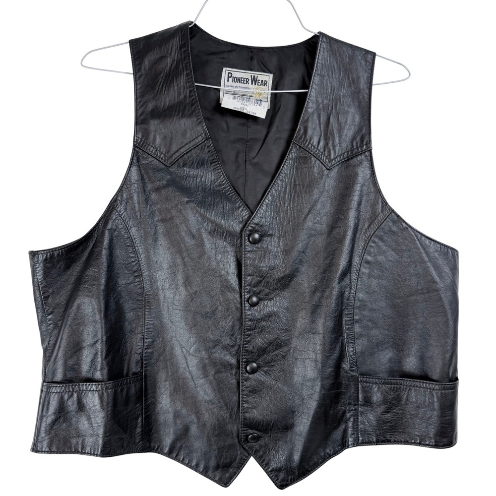 Pioneer Wear Leather Vest Mens 46 Black Western Cowboy Biker Americana‎ USA Made